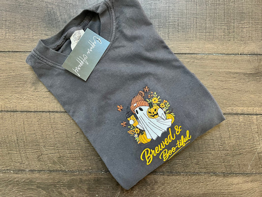Embroidered Brewed and Boo-tiful Comfort Colors T-Shirt | Halloween Coffee Graphic Tee