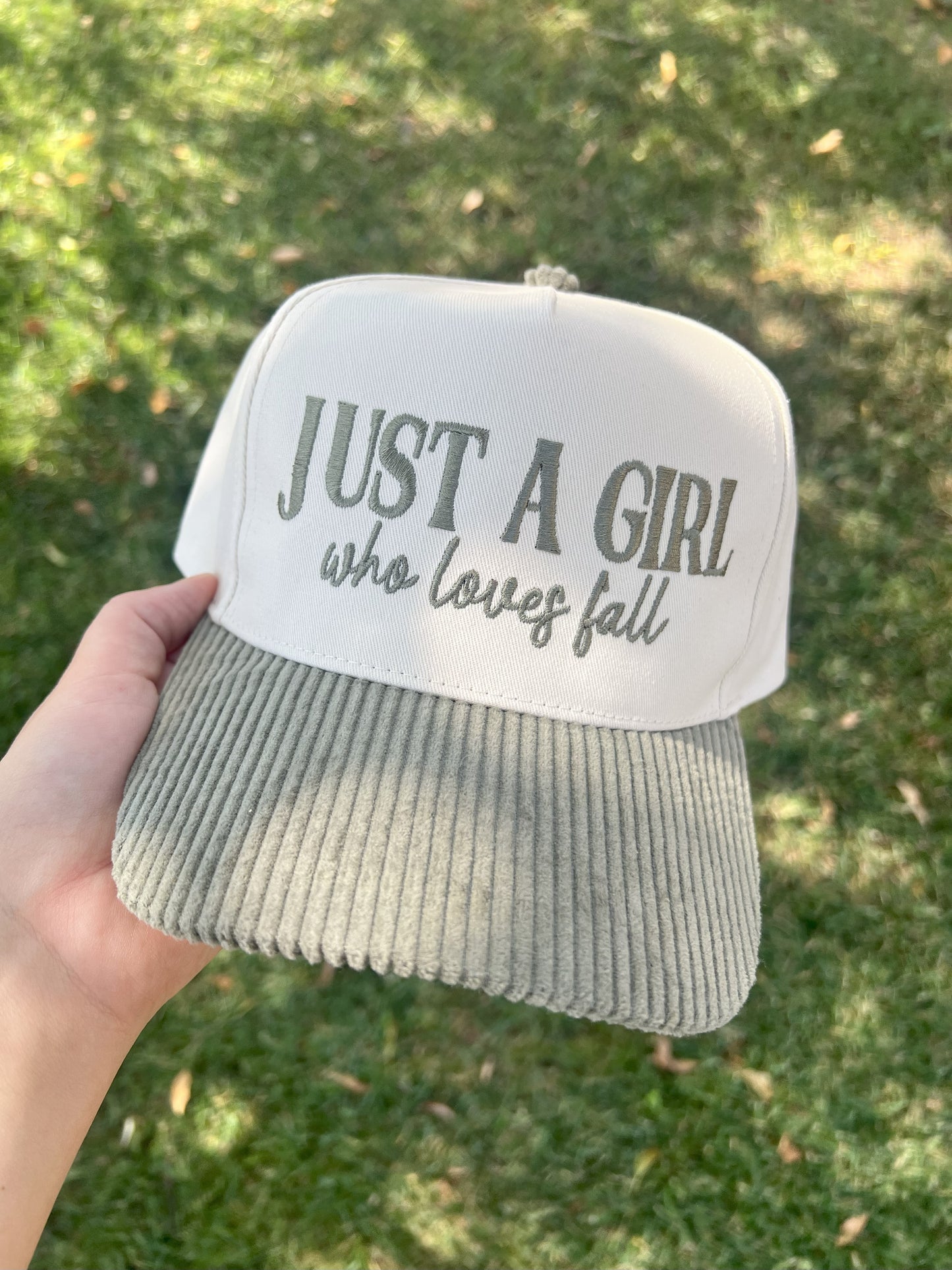 Just a Girl Who Loves Fall Hat – Embroidered Corduroy Brim Trucker Cap for Women, Autumn Graphic Statement Hat