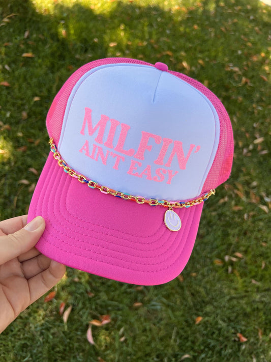 Otto® 'Milfin Ain't Easy' Foam Snapback Cap w/Chain | MILF Life Hat | Mom Life Trucker Hat | Gift for Mom