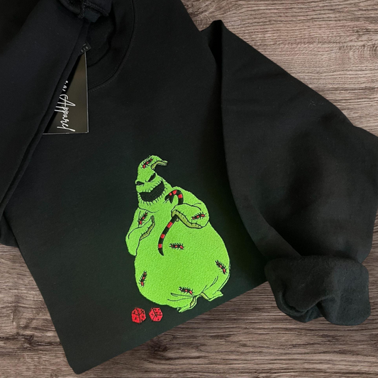 Embroidered Oogie Boogie Sweatshirt | Gildan Crewneck Halloween Graphic | Nightmare Inspired Cozy Pullover