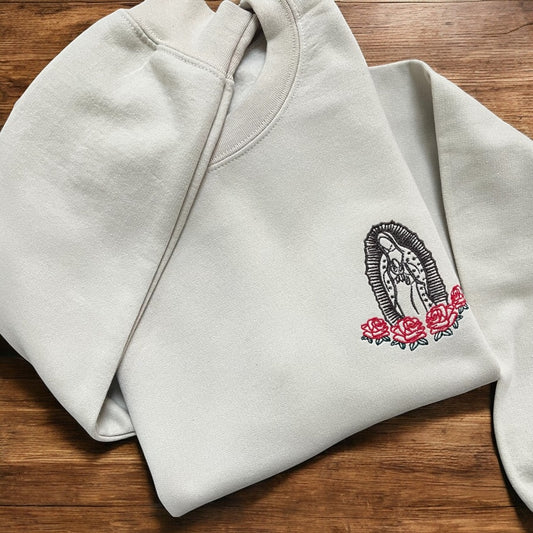 Virgin of Guadalupe Embroidered Gildan Sweatshirt – Religious Graphic Crewneck, Catholic Faith Apparel