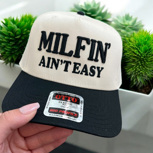 Milfin Ain’t Easy 3D Puff Embroidered Otto Snapback Hat – Funny Trucker Cap for Moms
