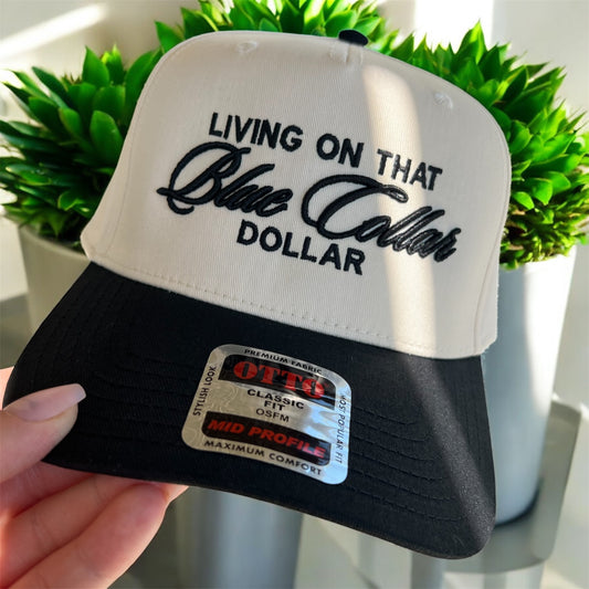 Living on That Blue Collar Dollar Hat – 3D Puff Embroidered Otto Snapback Trucker Cap, Workwear Style Statement Hat