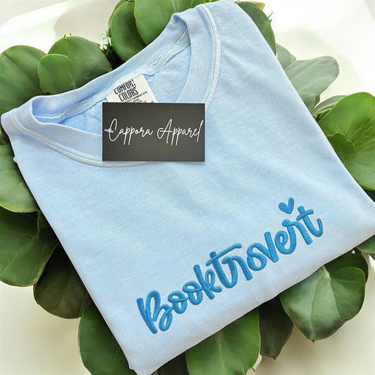 Booktrovert Embroidered Comfort Colors Shirt | Book Lover Tee | Introvert Aesthetic Tee | Cozy Reading Shirt | Gift for Bookworms