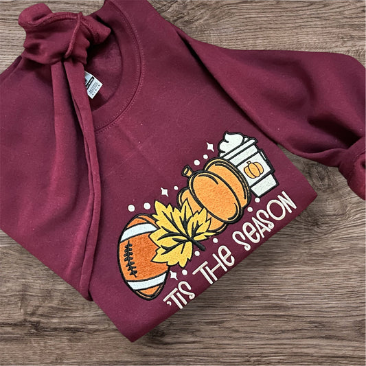 “Tis The Season” Embroidered Crewneck Sweatshirt | Football, Pumpkin, Leaf & Coffee Fall Graphic | Gildan Unisex Pullover