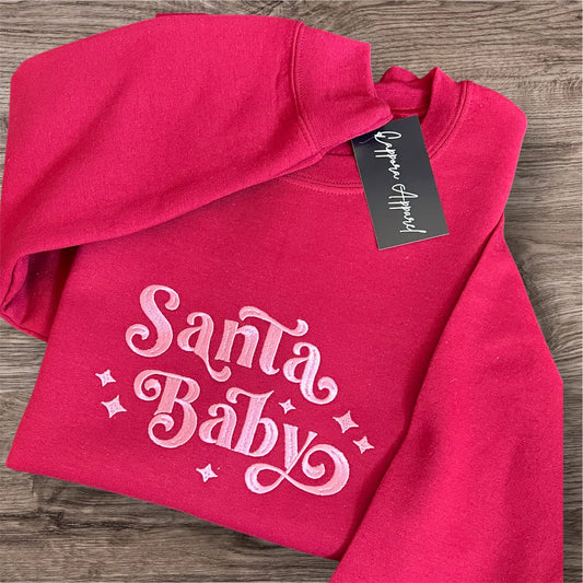 Embroidered “Santa Baby” Sweatshirt | Gildan Crewneck Holiday Graphic | Christmas Cozy Embroidery Pullover