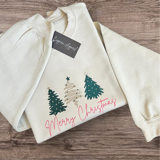 Embroidered Merry Christmas Sweatshirt with Three Christmas Trees | Gildan Crewneck Holiday Sweater | Festive Winter Embroidery