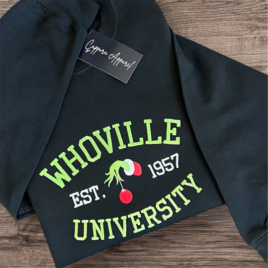 Embroidered “Whoville University” Gildan Crewneck Sweatshirt | Funny Holiday Graphic Sweater | Christmas Movie Inspired Apparel
