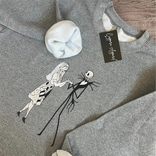 Embroidered Jack and Sally Sweatshirt – Custom Gildan Crewneck | Cozy Halloween & Nightmare Inspired Graphic Pullover