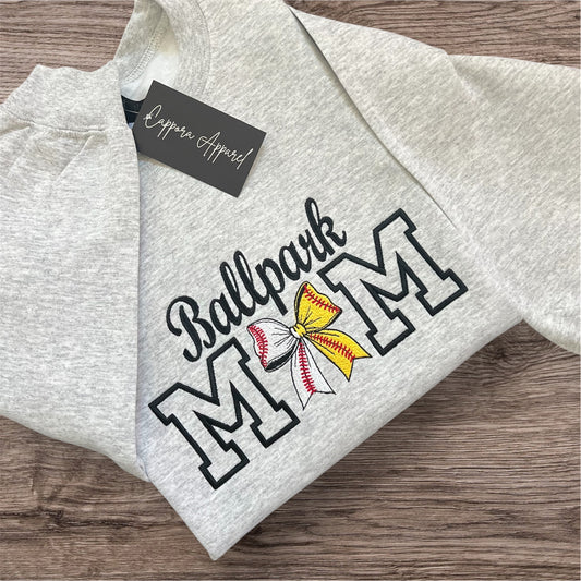 Embroidered Ballpark Mom Crewneck-Split Baseball Softball Bow Sweatshirt, Gildan Heavy Blend, Baseball Mom Gift