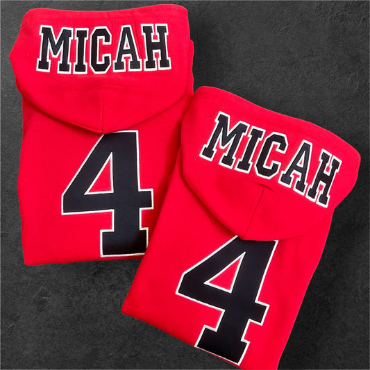 Embroidered Personalized Applique Hoodie - Custom Name & Sports Number on Gildan Hooded Sweatshirt - Team Spirit Apparel