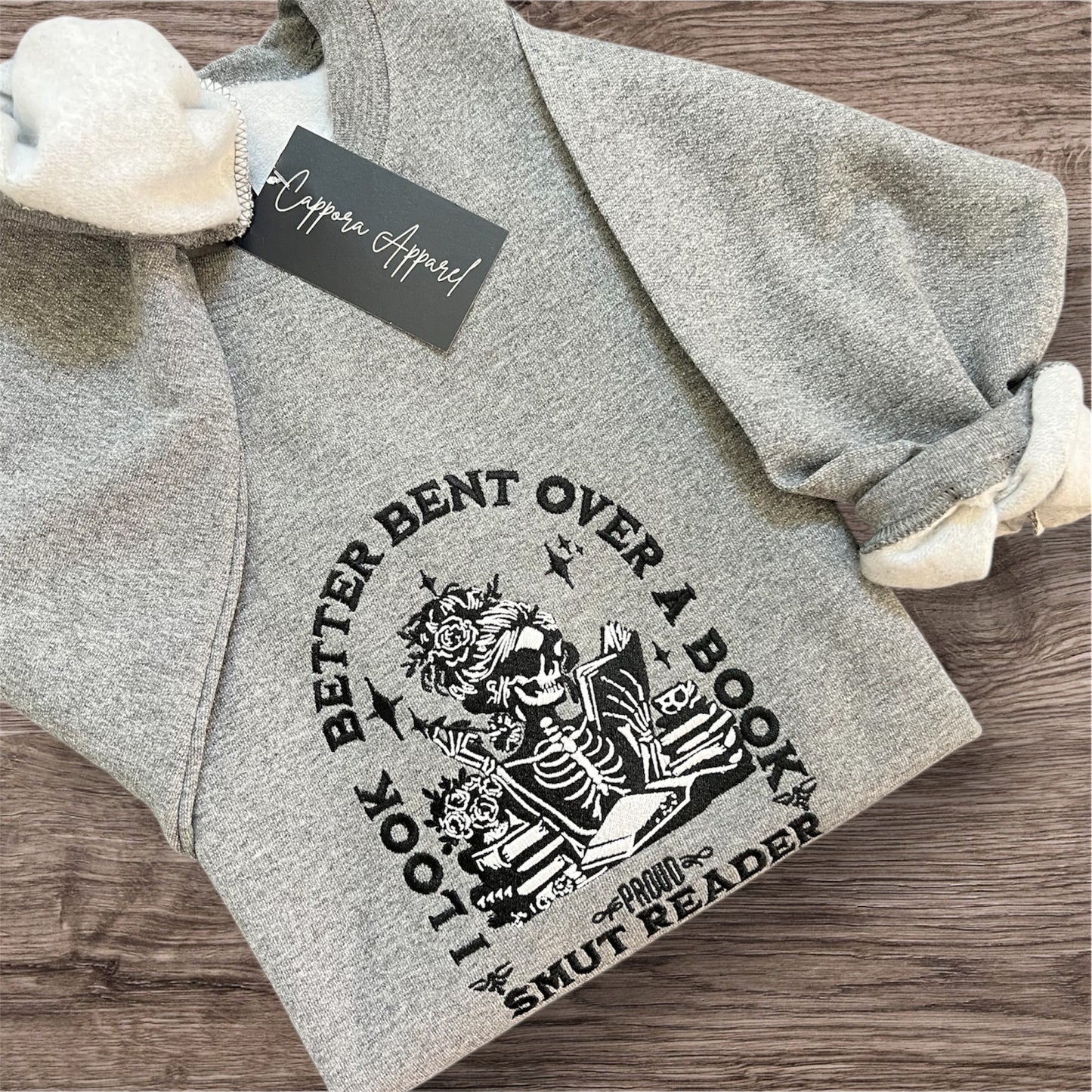 Embroidered ‘I Look Better Bent Over a Book’ Crewneck - Proud Smut Reader Skull Sweatshirt - Funny Book Lover Gift