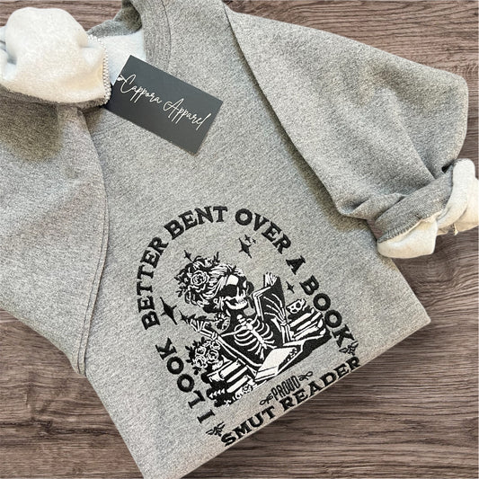 Embroidered ‘I Look Better Bent Over a Book’ Crewneck - Proud Smut Reader Skull Sweatshirt - Funny Book Lover Gift