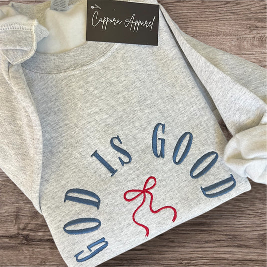 God Is Good Embroidered Crewneck Sweatshirt with Bow - Faith Graphic Sweatshirt, Christian Comfort Wear, Gildan 18000