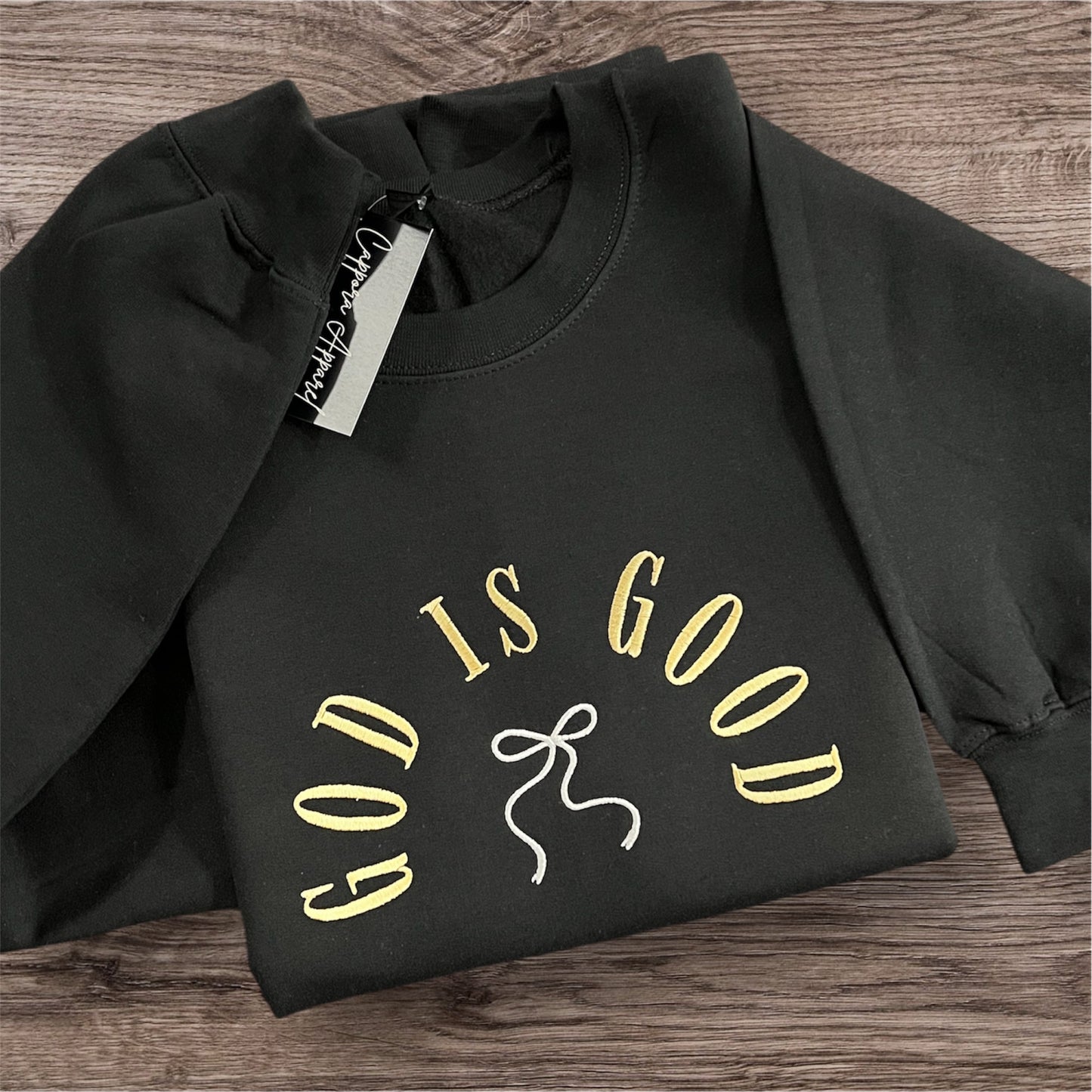 God Is Good Embroidered Crewneck Sweatshirt with Bow - Faith Graphic Sweatshirt, Christian Comfort Wear, Gildan 18000