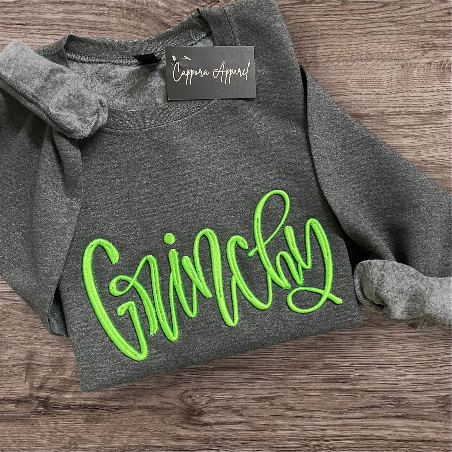 Embroidered 3D Puff “Grinchy” Crewneck Sweatshirt – Holiday Graphic Gildan 18000 | Cozy Christmas Sweater Gift for Her & Him
