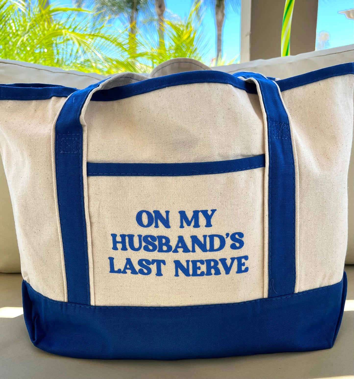 On My Husband’s Last Nerve Tote Bag – Funny Canvas Shopper Bag, Sarcastic Wife Gift, Everyday Market Bag, Humorous Quote Tote