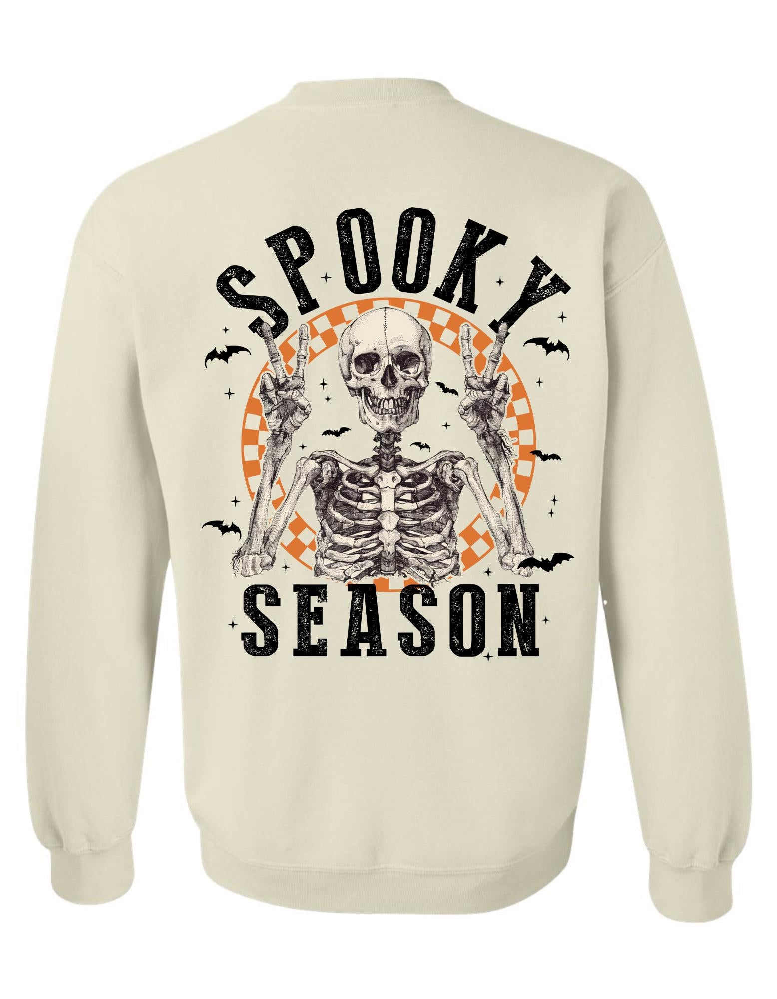 Spooky Season Skeleton Crewneck – Gildan Sweatshirt with Peace Sign Graphic, Cute Halloween Pullover, Fall Cozy Aesthetic