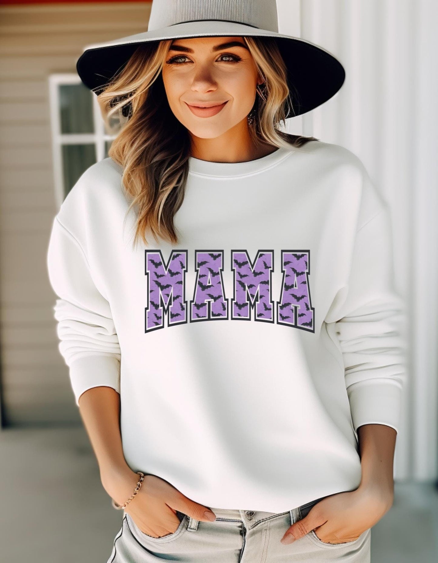 Mama Halloween Crewneck – Purple Applique with Bats Graphic Sweatshirt for Moms, Spooky Season Fall Shirt, Gildan Cozy Unisex Pullover