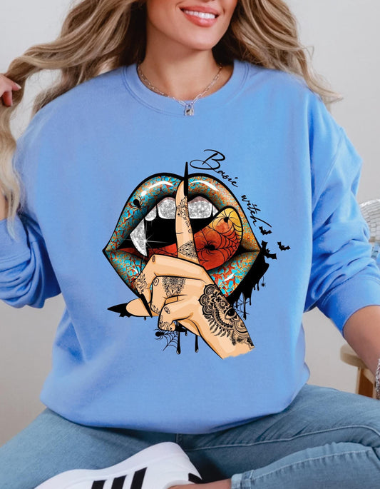 Basic Witch Crewneck – Tattoo-Inspired Lips Graphic on Gildan Sweatshirt, Edgy Halloween Fall Vibe, Cozy Spooky Season Pullover