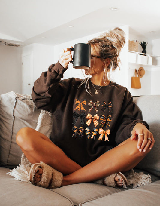Coquette Fall Bows Crewneck – Gildan Sweatshirt with Autumn Bows Graphic, Soft Aesthetic Pullover for Cozy Fall Outfits