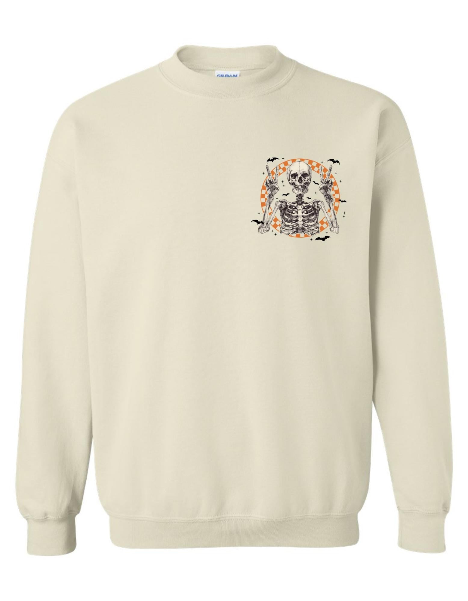 Spooky Season Skeleton Crewneck – Gildan Sweatshirt with Peace Sign Graphic, Cute Halloween Pullover, Fall Cozy Aesthetic