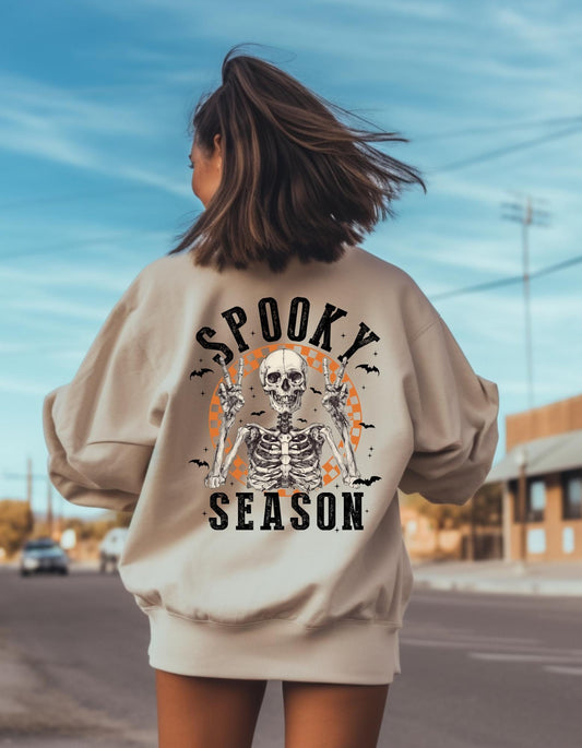 Spooky Season Skeleton Crewneck – Gildan Sweatshirt with Peace Sign Graphic, Cute Halloween Pullover, Fall Cozy Aesthetic