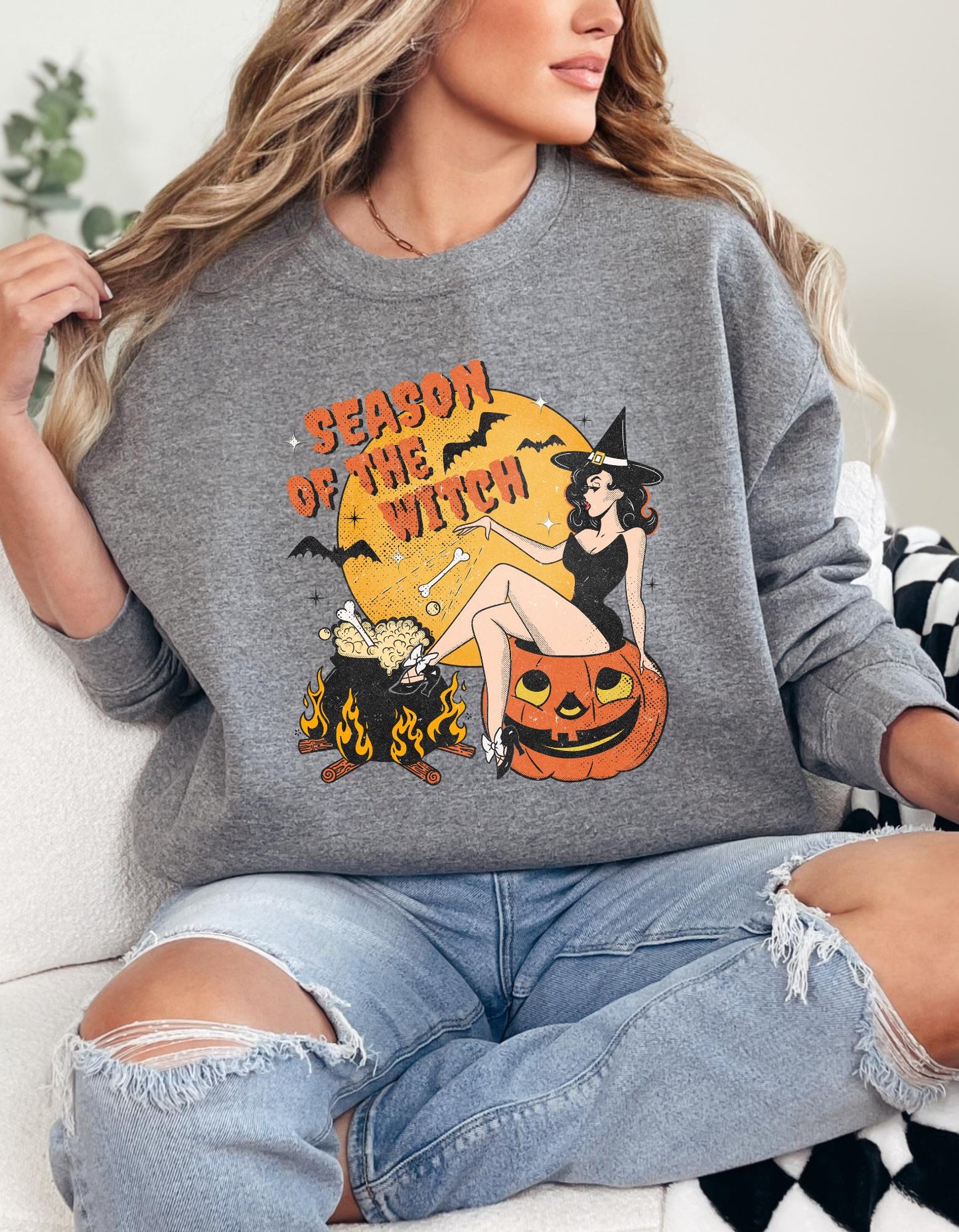 Season of the Witch Crewneck – Halloween Gildan Sweatshirt with Vintage Graphic, Spooky Fall Cozy Pullover for Witchy Vibes