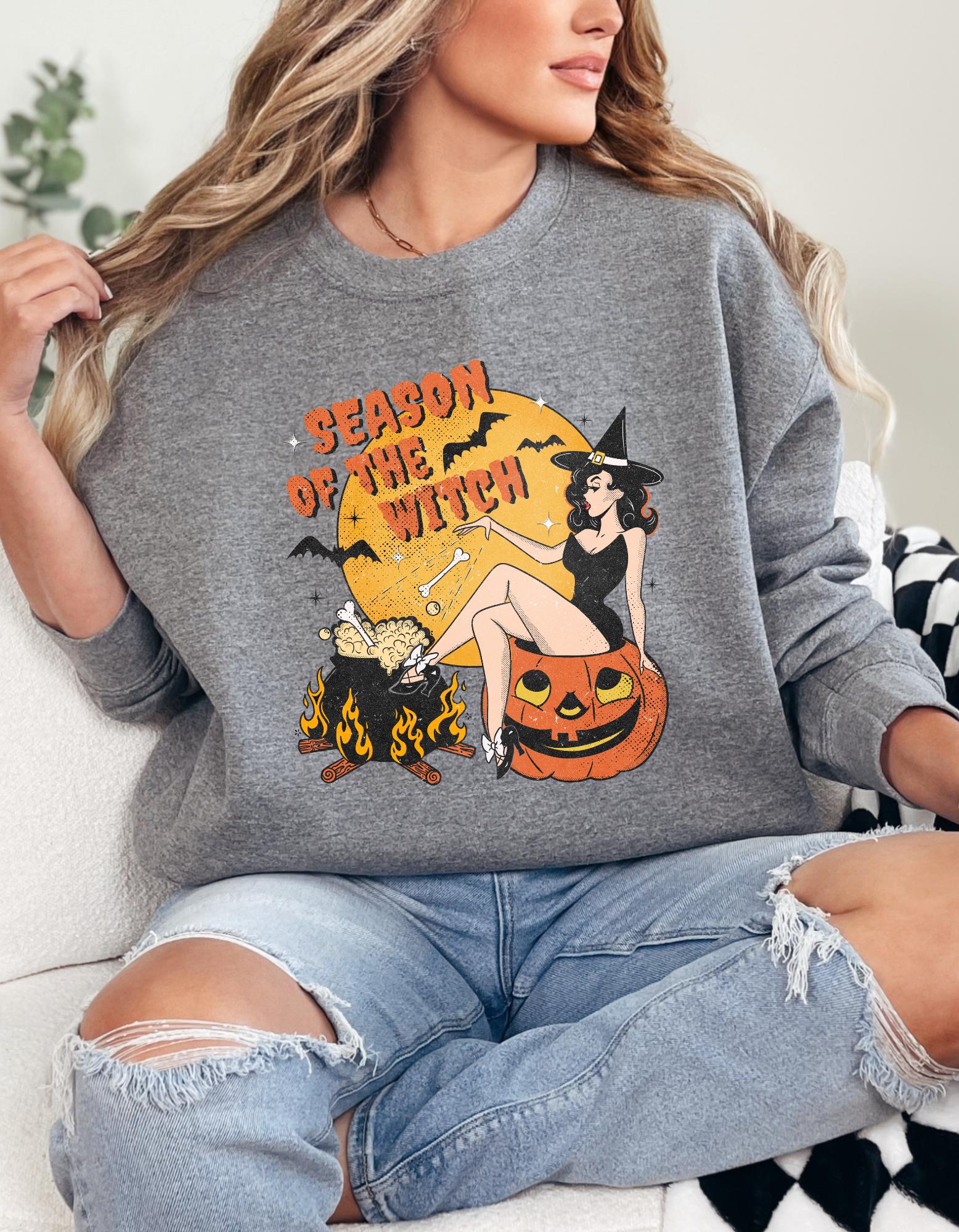 Season of the Witch Crewneck – Halloween Gildan Sweatshirt with Vintage Graphic, Spooky Fall Cozy Pullover for Witchy Vibes