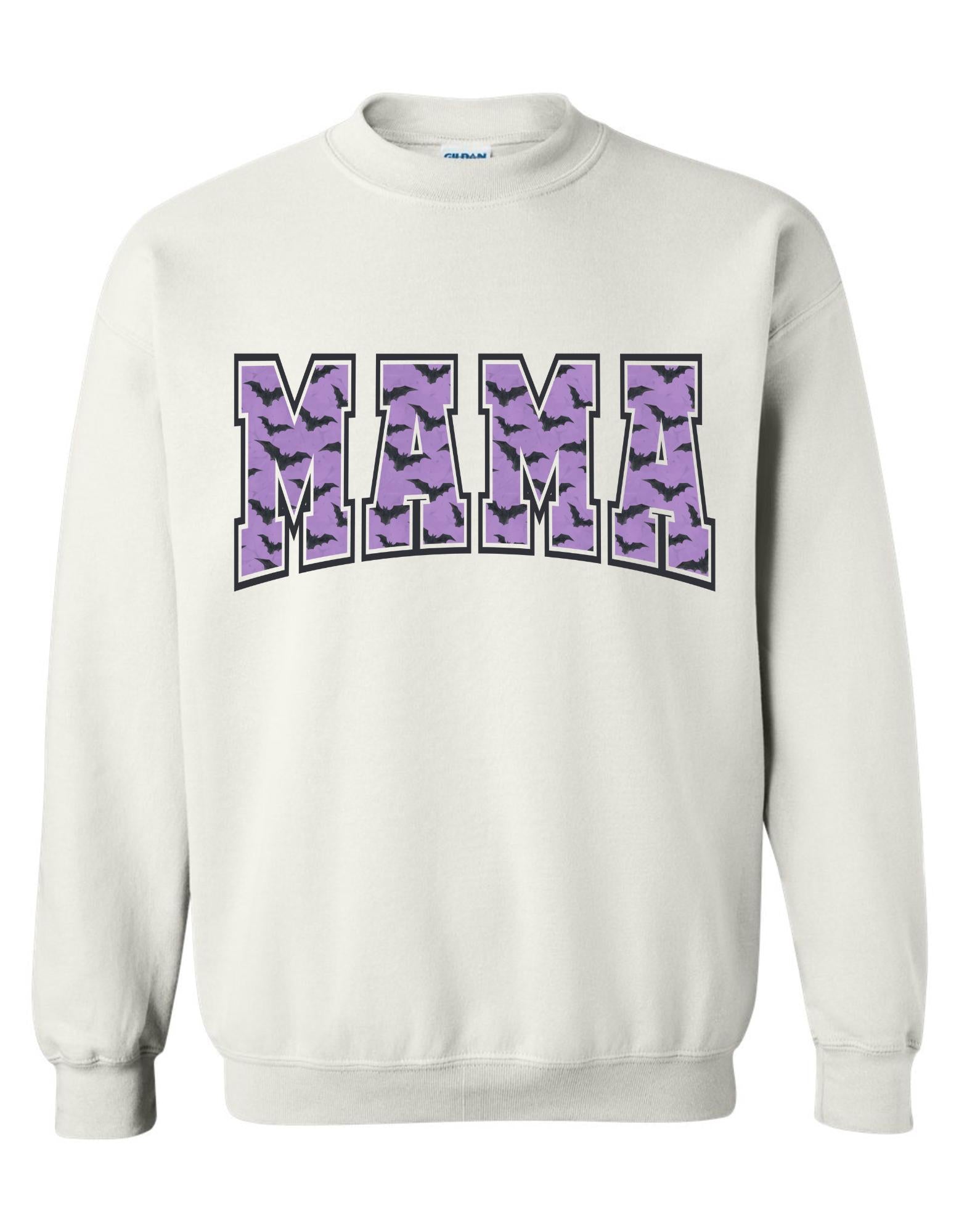 Mama Halloween Crewneck – Purple Applique with Bats Graphic Sweatshirt for Moms, Spooky Season Fall Shirt, Gildan Cozy Unisex Pullover
