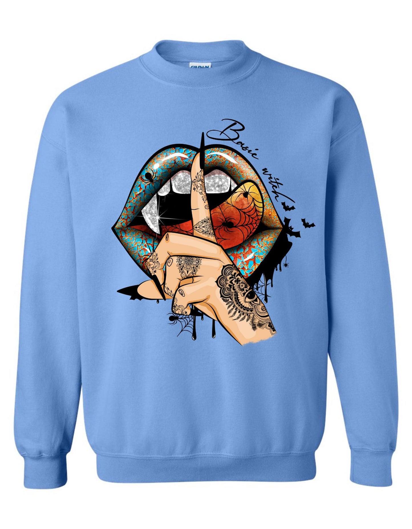 Basic Witch Crewneck – Tattoo-Inspired Lips Graphic on Gildan Sweatshirt, Edgy Halloween Fall Vibe, Cozy Spooky Season Pullover