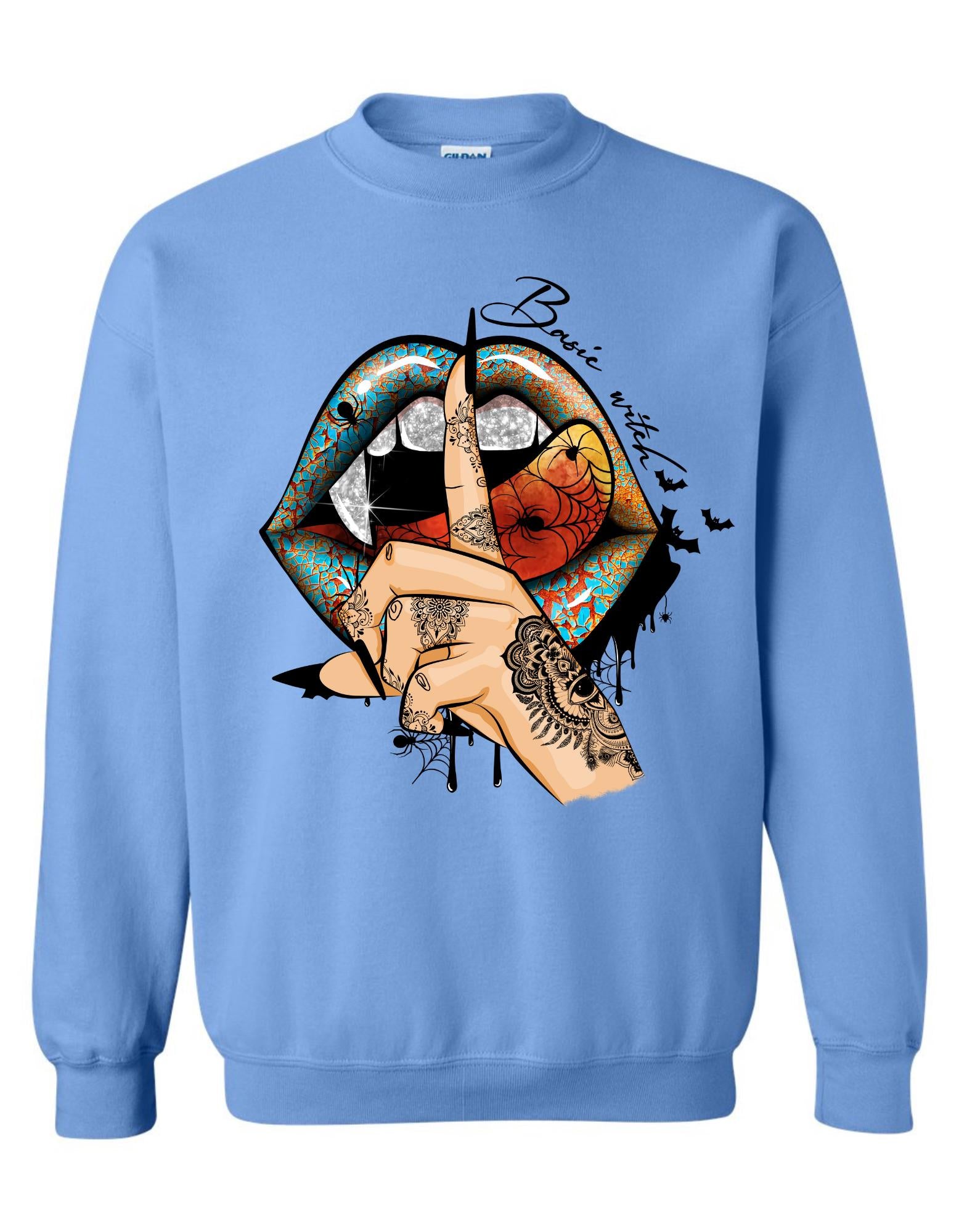 Basic Witch Crewneck – Tattoo-Inspired Lips Graphic on Gildan Sweatshirt, Edgy Halloween Fall Vibe, Cozy Spooky Season Pullover