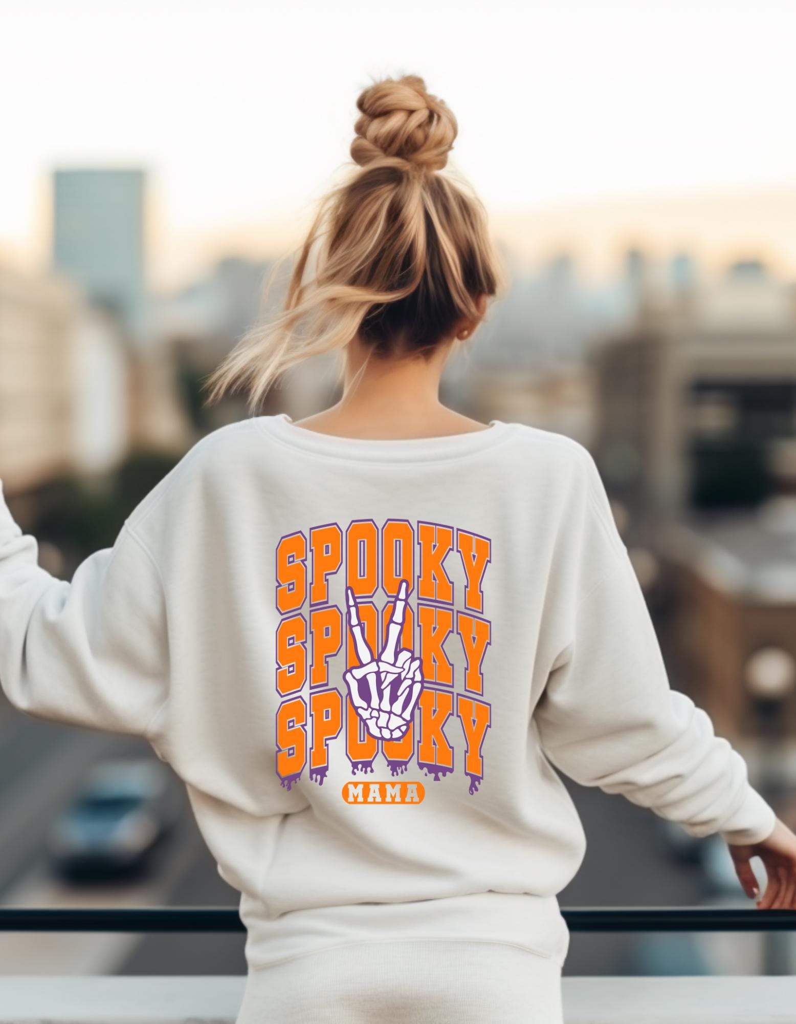 Spooky Mama Skeleton Peace Sign Crewneck – Bold Halloween Gildan Sweatshirt for Moms, Cute & Cozy Fall Graphic Pullover