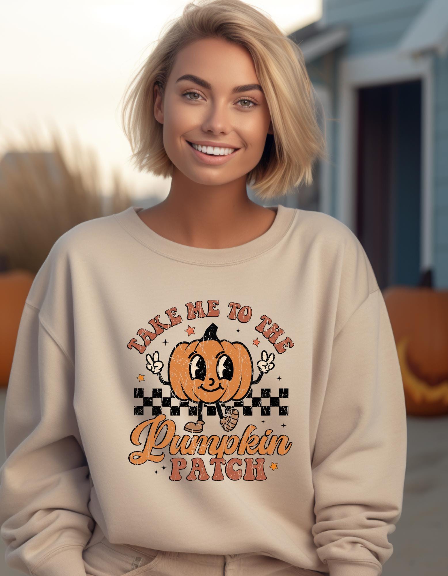 Take Me to the Pumpkin Patch Sweatshirt – Retro Fall Gildan Crewneck, Cozy Autumn Pumpkin Graphic Pullover for Women