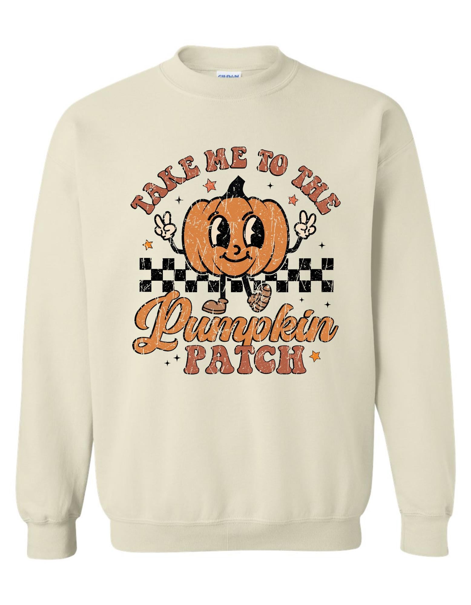 Take Me to the Pumpkin Patch Sweatshirt – Retro Fall Gildan Crewneck, Cozy Autumn Pumpkin Graphic Pullover for Women