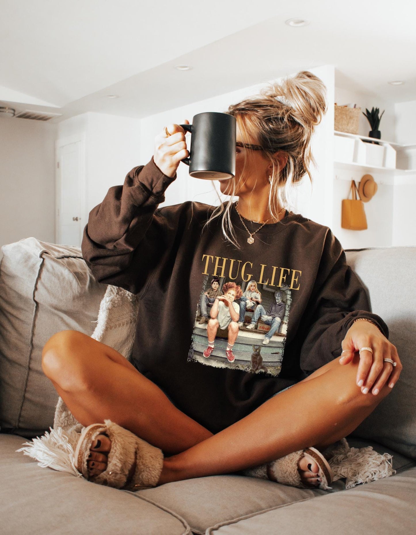 Thug Life Witch Sisters Sweatshirt – Funny Halloween Graphic Gildan Crewneck, Spooky Cute Fall Pullover for Women