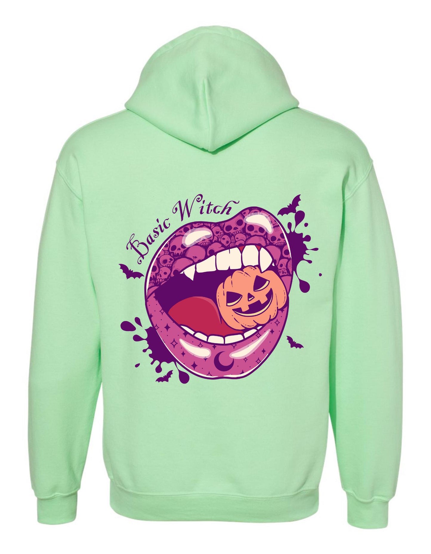 Basic Witch Hoodie – Gildan Sweatshirt with Lips & Skulls Eating Pumpkin Graphic, Funny Spooky Halloween Fall Pullover