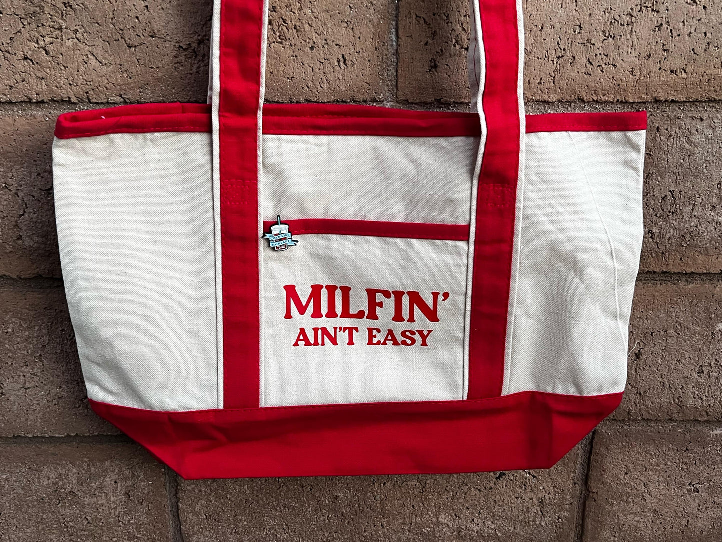 Milfin’ Ain’t Easy Tote Bag – Funny Canvas Shopper Bag, Embroidered Trendy Mom Gift, Reusable Everyday Carryall