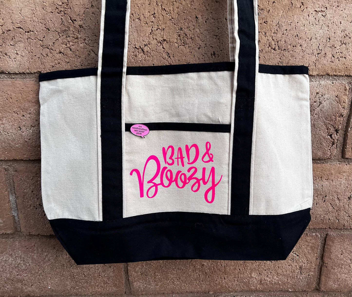 Bad & Boozy Tote Bag – Funny Phrase Canvas Shopper Bag, Trendy Eco Friendly Reusable Market Bag for Women