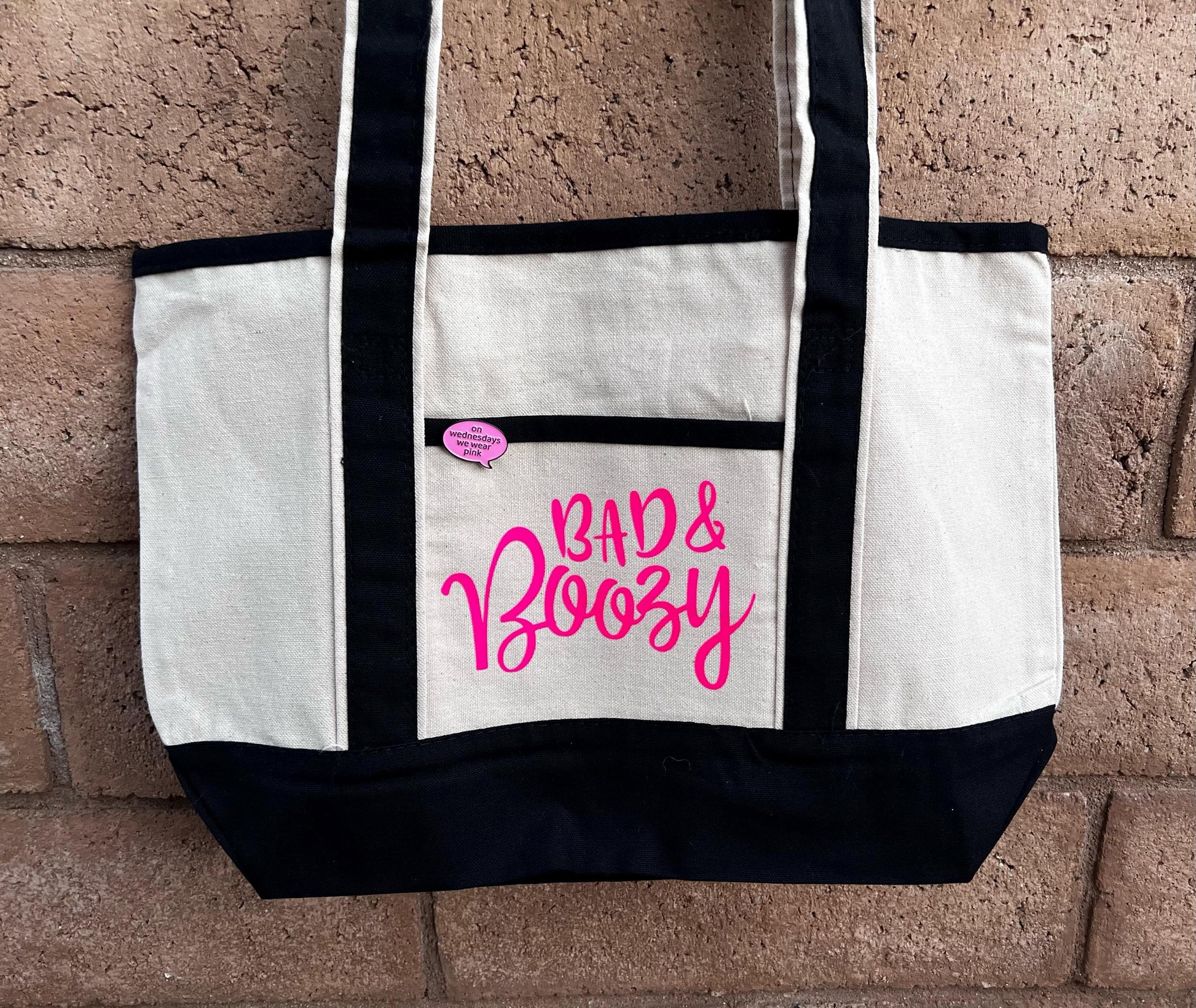 Bad & Boozy Tote Bag – Funny Phrase Canvas Shopper Bag, Trendy Eco Friendly Reusable Market Bag for Women