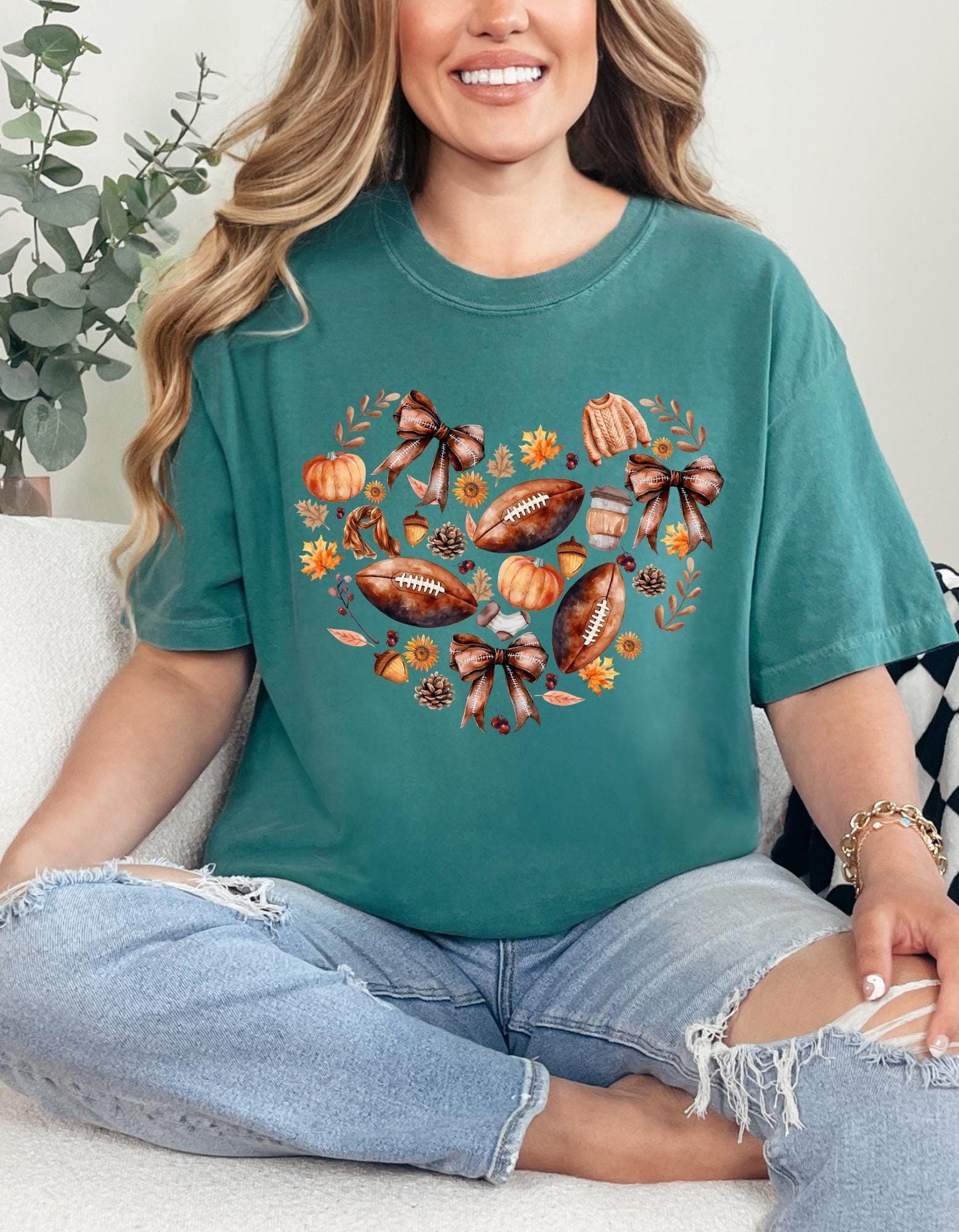 Vibes of Autumn Comfort Colors T-Shirt – Fall Graphic Tee with Leaves, Pumpkins, Footballs & Acorns, Cozy Autumn Aesthetic Shirt