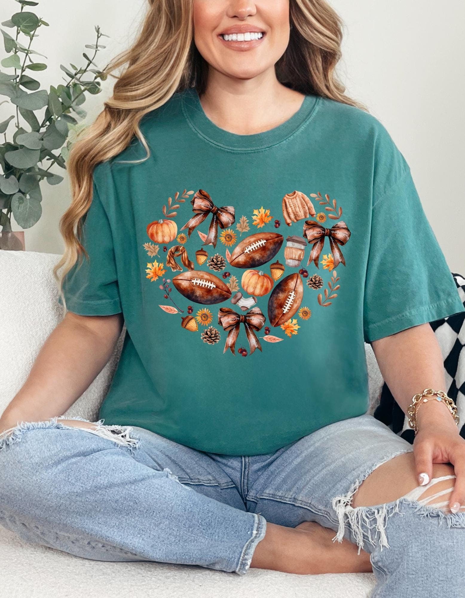 Vibes of Autumn Comfort Colors T-Shirt – Fall Graphic Tee with Leaves, Pumpkins, Footballs & Acorns, Cozy Autumn Aesthetic Shirt