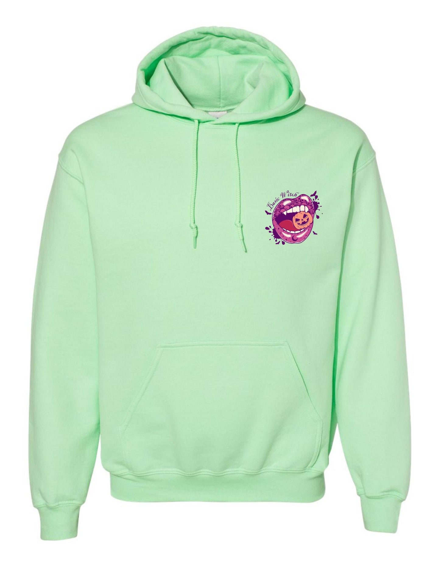 Basic Witch Hoodie – Gildan Sweatshirt with Lips & Skulls Eating Pumpkin Graphic, Funny Spooky Halloween Fall Pullover