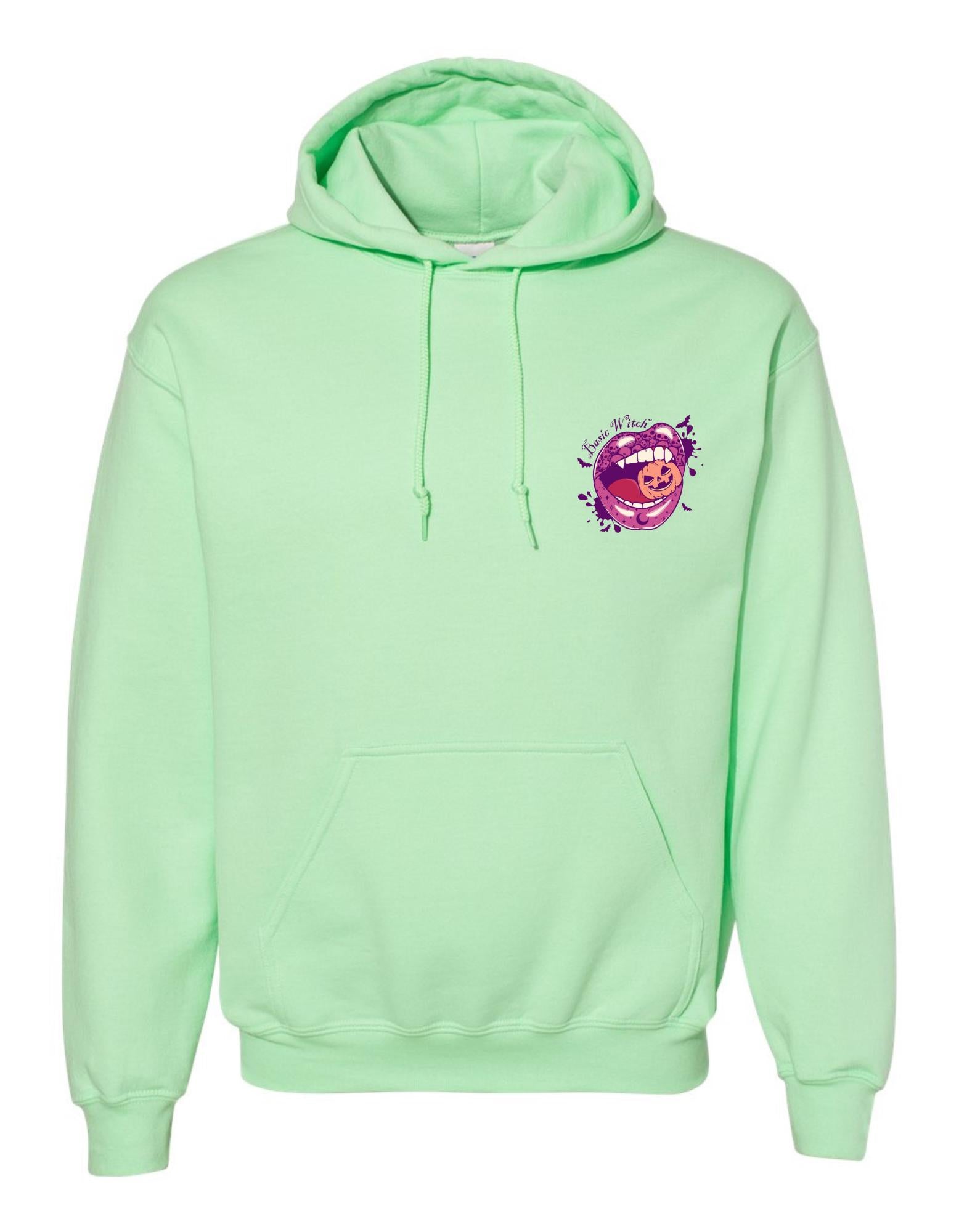Basic Witch Hoodie – Gildan Sweatshirt with Lips & Skulls Eating Pumpkin Graphic, Funny Spooky Halloween Fall Pullover