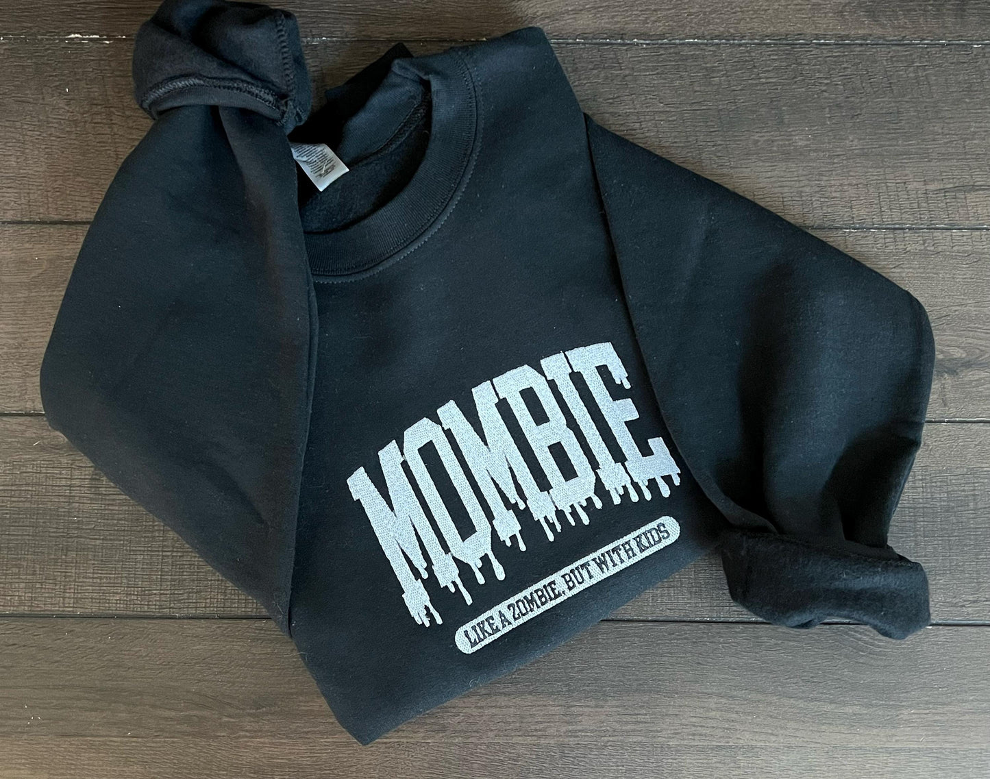 Mombie Crewneck Sweatshirt – Embroidered Gildan Pullover for Moms, Funny Zombie Mom Saying, Cozy Gift for Tired Mamas