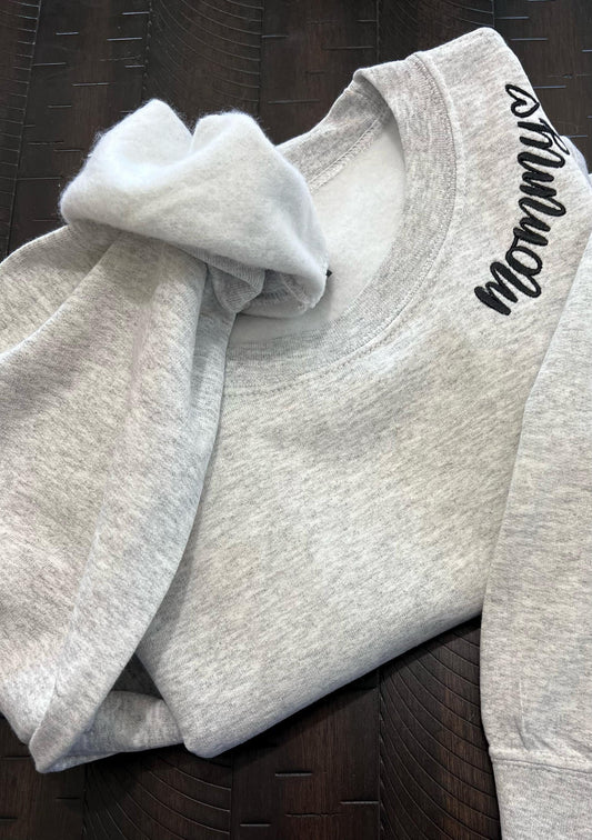Mommy Embroidered Crewneck – Gildan Sweatshirt with Heart Detail on Neckline, Cute Minimal Mom Gift, Cozy Custom Mom Sweater