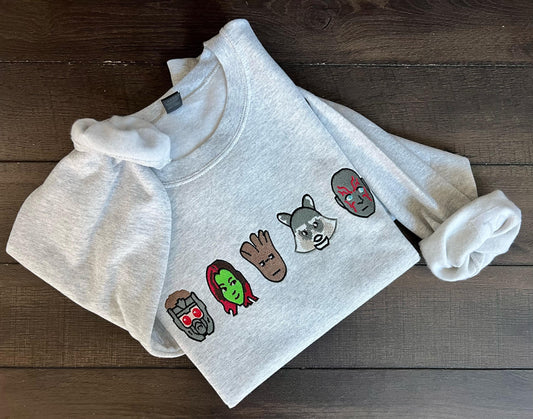 Guardians Friends Crewneck – Embroidered Faces of the Galaxy Sweatshirt, Funny Retro TV Parody Gift, Gildan Unisex Sweater