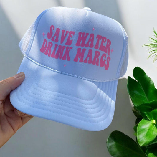 Save Water Drink Margs Hat – Vinyl Graphic Otto Foam Snapback, Funny Margarita Trucker Cap, Summer Party Beach Drinking Hat