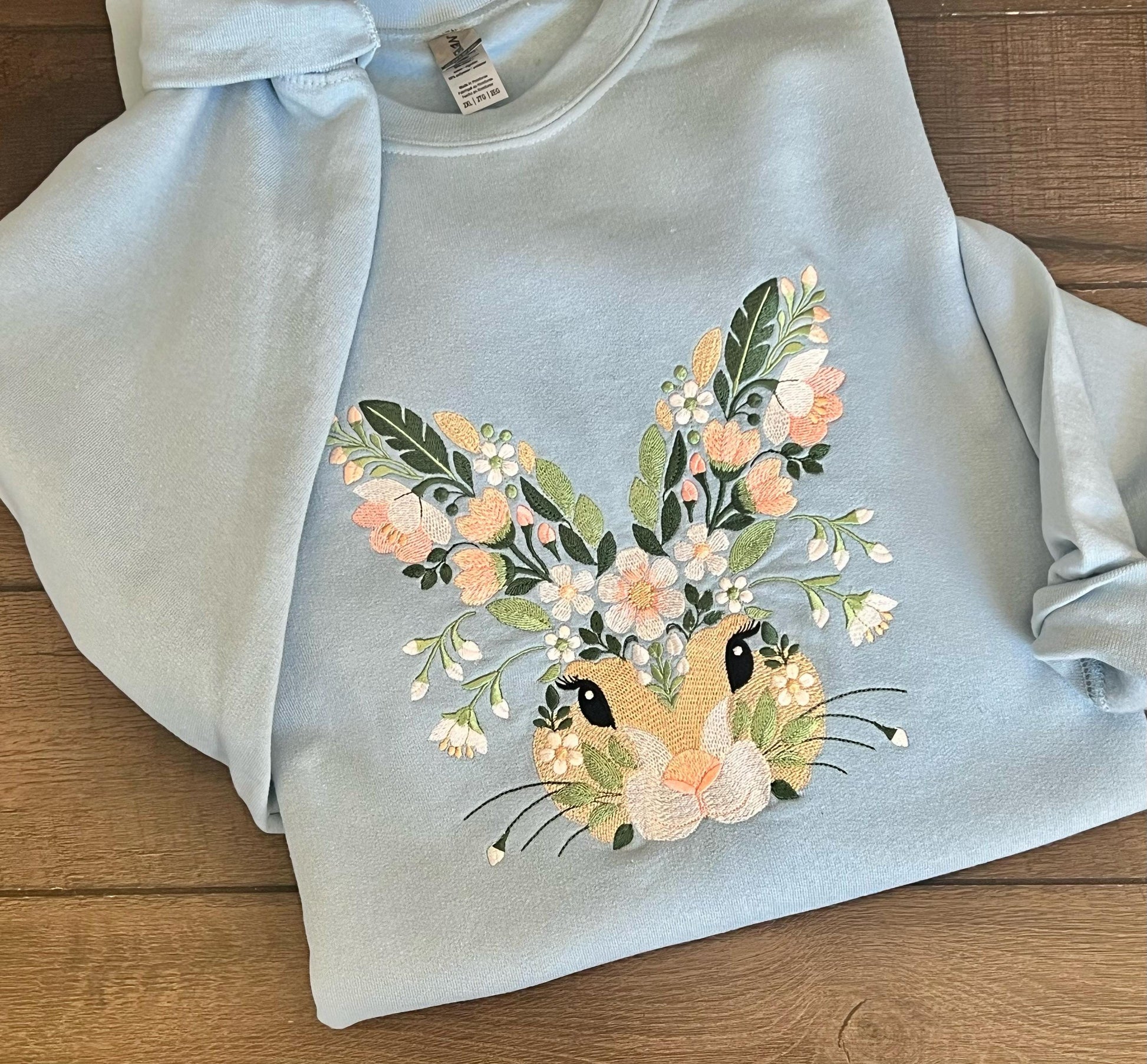 Bunny Embroidered Crewneck – Floral Bunny Graphic on Gildan Sweatshirt, Cute Cottagecore Aesthetic Gift for Her