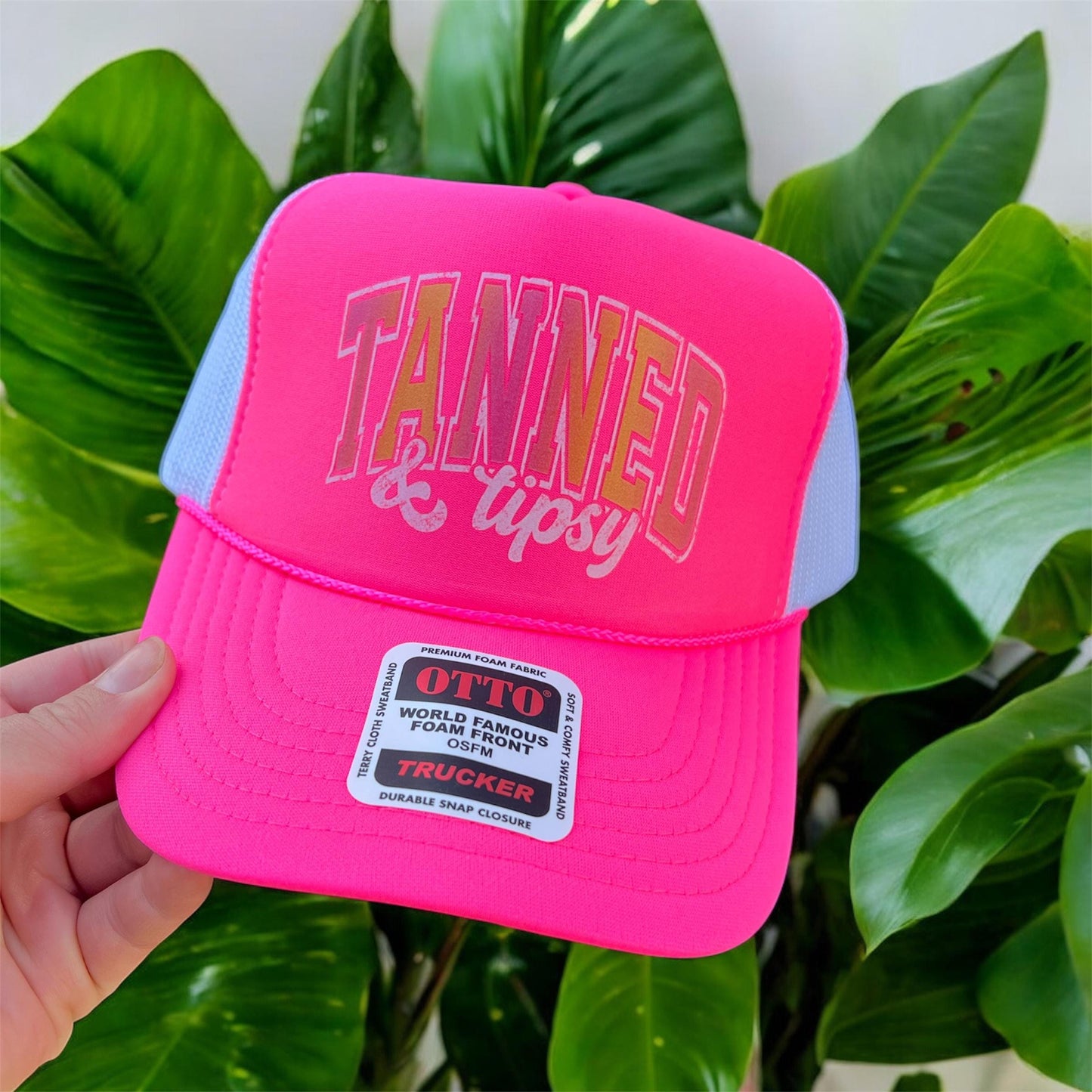Tanned & Tipsy Trucker Hat with Chain | Funny Summer Foam Hat | Otto Snapback Beach Party Hat | DTF Graphic Cap for Women
